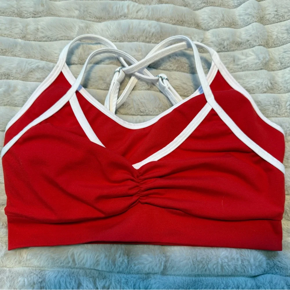 Bombshell Sportswear Red and White Strappy Sports Bra - Picture 3 of 6